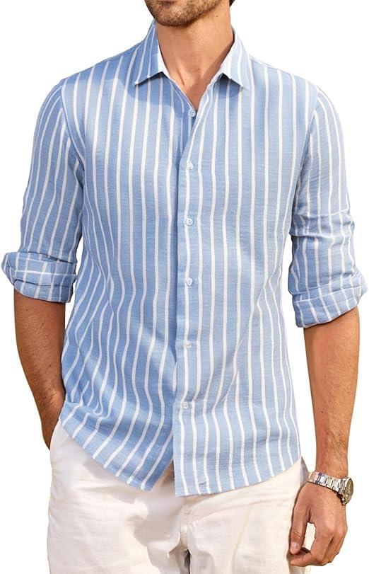 Visit the Esabel.C Store Esabel.C Men's Linen Casual Button Down Shirts Long Sleeve Striped Cotton Regular Fit Beach Wedding Shirts