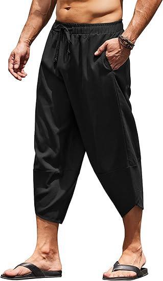 Visit the COOFANDY Store COOFANDY Mens Casual Pants Linen Capri Harem Pants Loose Fit Baggy Pants Lightweight Beach Yoga Trousers