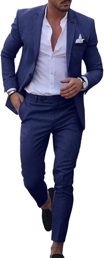 Visit the UNINUKOO Store UNINUKOO Mens 2 Piece Suit Linen Summer Top Blazer Pants Sets Beach Wedding Wear Vacation Prom Suits for Men