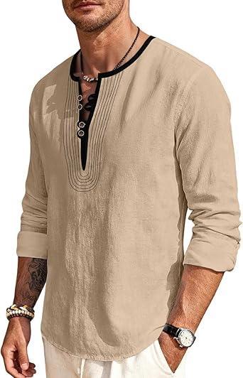 Visit the QOSOQ Store Mens Linen Shirts Henley T-Shirts Long Sleeve Tops Casual Beach T-Shirts Yoga Shirts for Men
