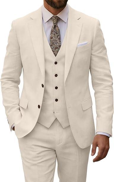 Visit the Aowdoy Store Men's Linen Suit 3 Piece Slim Fit Summer Wedding Beach Blazer Vest Pants Set Casual Prom Outfit for Men