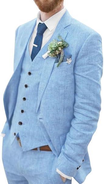 Visit the Wangyue Store Wangyue Men's Linen Suit 3 Piece Suit Slim Fit Two Buttons Casual Suits Summer Beach Wedding Suits Set