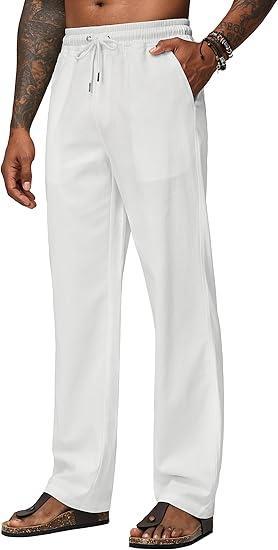 Visit the AVICHIC Store Men's Linen Pants Casual Linen Dress Pants Drawstring Lightweight Trousers for Beach Summer 28" 30"
