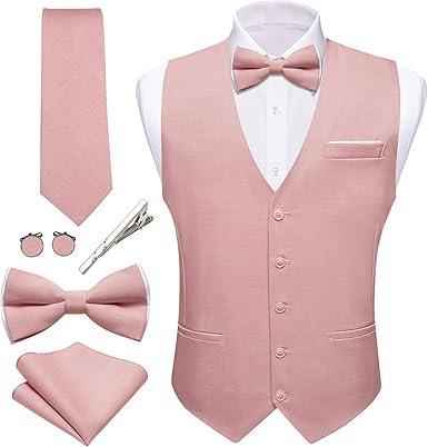 Visit the Barry.Wang Store Barry.Wang Mens Suit Vest Linen Formal/Casual V-neck Waistcoat Tie Bow Tie Set Solid Color 6PC Wedding Party Tuxedo