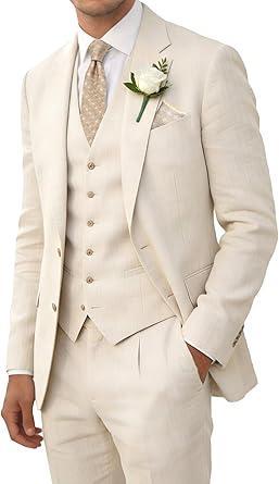 Visit the Wehilion Store Wehilion Retro Linen Men Suits Beach Wedding Suit Summer Slim Fit 3 Pieces Light Weight Breathable Jacket Vest Pant Tuxedo