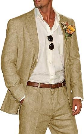 Visit the QalieneTi Store Linen Mens Suit 2 Piece Summer Beach Wedding Casual Suits for Men