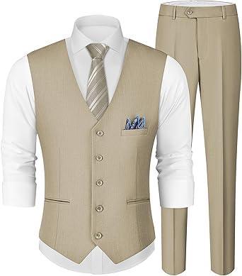 Visit the MAGE MALE Store MAGE MALE Men's Linen 2 Piece Suit Slim Fit Wedding Groomsmen Summer Vest Pants Set with Pocket Square