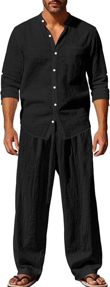 Visit the ISYBLO Store Men's 2 Piece Linen Set Band Collar Long Sleeve Shirt and Pants Casual Breathable Outfit for Commute Beach