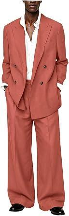 Visit the ORBITRAY Store Men's 2 Piece Linen Suit Set Double Breasted Oversized Blazer Wide Leg Pants Casual Summer Suit for Wedding Beach Business