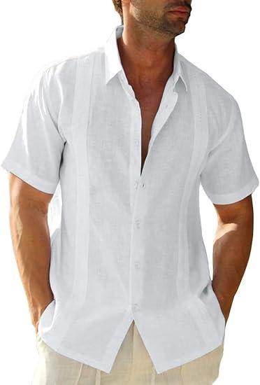 Visit the JEKAOYI Store JEKAOYI Mens Casual Linen Cotton Button Down Short Sleeve Shirts Cuban Camp Guayabera Beach Tops