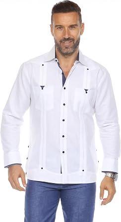 Visit the Mojito Collection Store Mojito Collection Men's 100% Linen Guayabera Shirt Long Sleeve with Print Trim Accent