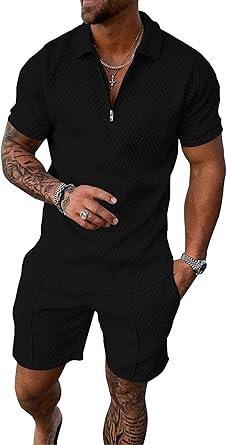 Visit the UOUA Store UOUA Mens Summer Track Suits 2 Piece Shorts Sets Short Sleeve Sweatsuit Outfits 1/4 Zip Golf Polo Shirts Loungewear