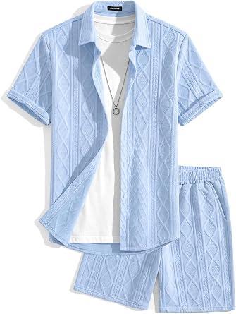 Visit the JMIERR Store JMIERR Men's Summer 2 Piece Beach Sets Texture Short Sleeve Button Down Knit Shirts and Shorts Vacation Outfits of Men