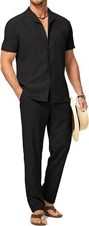 Visit the JMIERR Store JMIERR Men Texture 2 Piece Outfit Short Sleeve Lightweight Beach Button Down Shirt Casual Pant Sets with Pocket